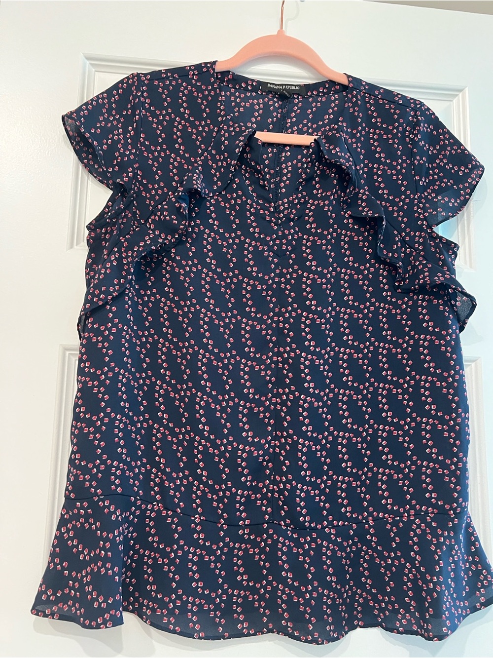 Banana Republic Navy Blouse with Pink Floral Dot Ruffle
